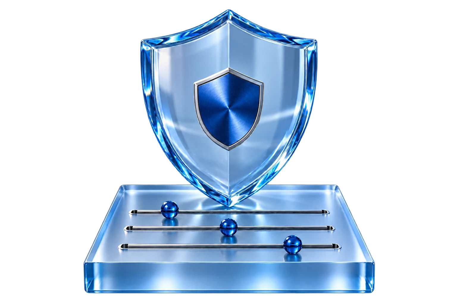 Прозрачный стеклянный щит и три точных регулятора на платформе